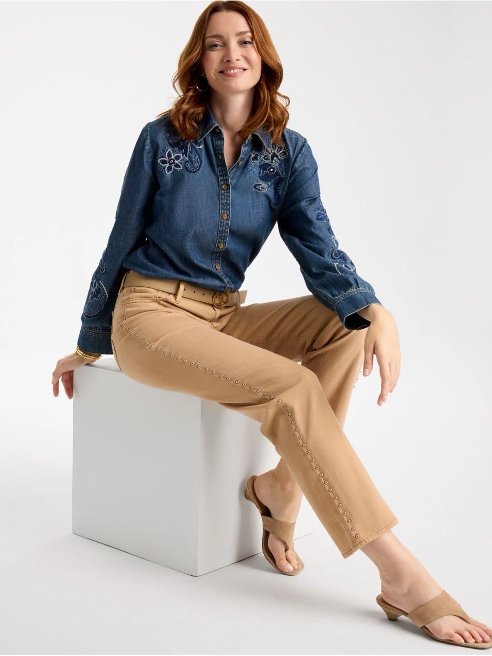 Chico’s Studded Girlfriend Straight Ankle Jeans in Sycamore